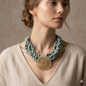 Gargantilha de Contas com Medalhão em Filigrana Dourada